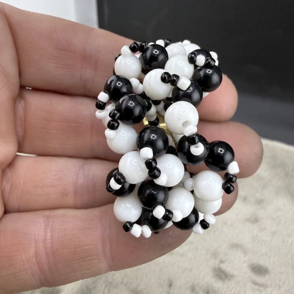 Vintage Estate Clip On Earrings Lot Black White Retro Beaded Dangle 3 Pairs